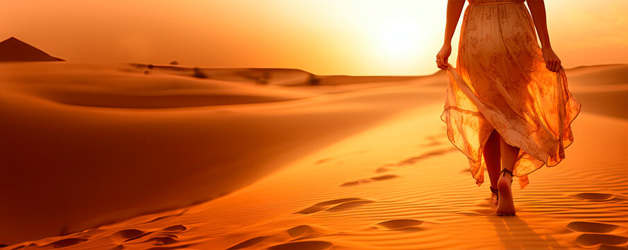 A women with summer clothes Walking alone on the desert at sunset