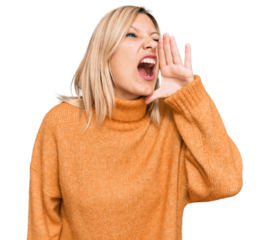 Middle age caucasian woman wearing casual winter sweater shouting and screaming loud to side with hand on mouth. communication concept.