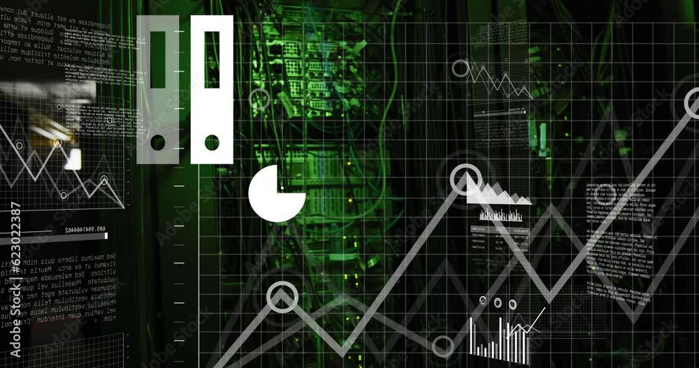 Poster animation of financial data processing over statistics and computer servers