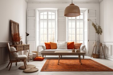 Vintage colonial decor in the living room is white. Wooden panel, window with shutters, and fabric sofa with pillows. table, carpet, and decorations contemporary interior design, frame mockup
