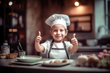 cute little chef baker in an apron and hat chef gesturing thumbs up. generative AI