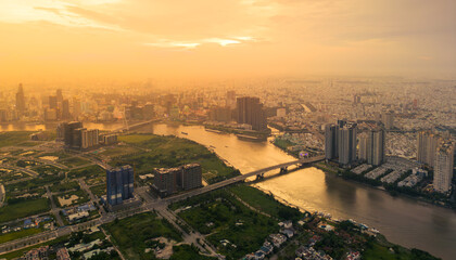 Aerial view of a Ho Chi Minh City, Vietnam with development buildings, transportation, energy power...