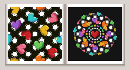 Set of circular ornament, seamless pattern with big polka dot ornament, colorful hearts on black background. Simple, conspicuous, fashionable bright illustration. For prints, clothing, surface design.
