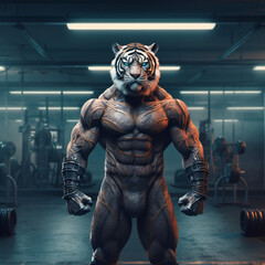 Fototapeta na wymiar fit Tiger standing at the gym, Fitness powerhouse, Majestic tiger displaying strength in the gym, generative AI