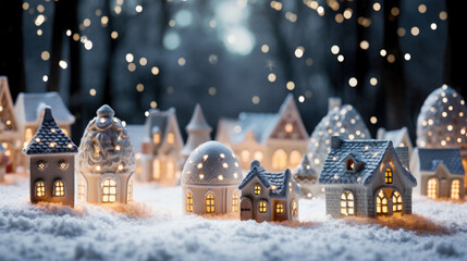 Christmas village with Snow in vintage style background