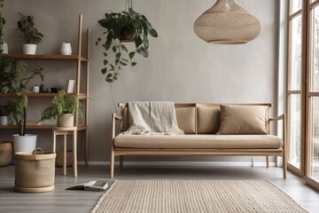 a flower adorned minimalist couch in a Scandinavian room. Generative AI