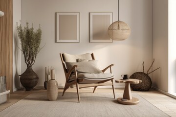 a mock up of an empty wall with a chair in a Scandinavian style room. Interior decor that is minimal. Generative AI