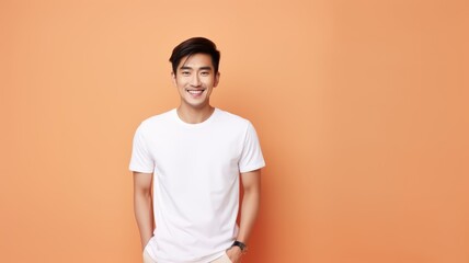 Fototapeta na wymiar Fictional young asian male model wearing a plain white t-shirt. Isolated on colored background. Generative AI illustration.