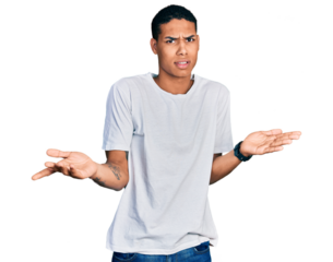 Young hispanic man wearing casual white t shirt clueless and confused with open arms, no idea concept.