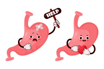 Cute cartoon stomach. Happy and unhappy sick human organ character asking for help. Vector illustration in flat cartoon style for design and decoration medical themes