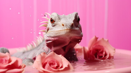 Cute iguana isolated in pink background