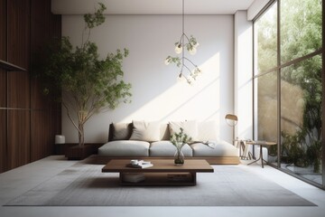 A contemporary room with a sofa, pillows, blanket, plant, and furniture interior design. Generative AI