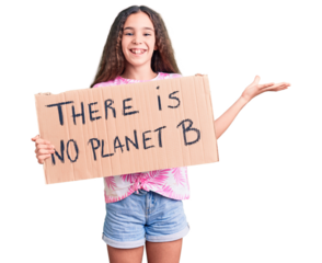 Cute hispanic child girl holding there is no planet b banner celebrating victory with happy smile and winner expression with raised hands