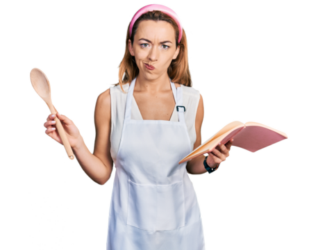 Young caucasian woman wearing professional baker apron reading cooking recipe book skeptic and nervous, frowning upset because of problem. negative person.