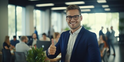 Businessman showing OK sign with his thumb up. Happy male standing in creative office. Successful businessman standing in office, generative ai