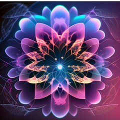 Multicolor neon light drawing, abstract shape flowers isolated on black background. Glowing line art. The Illumination of vibrant radiance of neon flower, Generative AI illustration