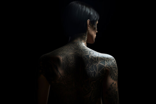 Tattooed woman from behind in darkness, fictitious person. AI generated image