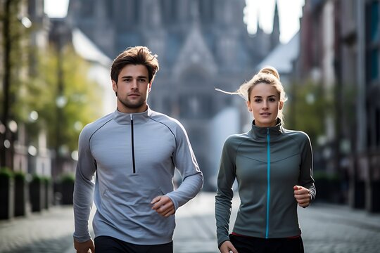 Active Couple: Sporty Duo Engaging in Running Training in The City Streets Together, Generative AI
