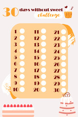 No sugar challenge 30 days.Self care checklist.Checklist vector illustration.Healthy habits tracker blank.