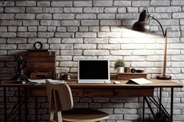 A creative designer's workspace in a stylish brick setting with a blank computer screen. design and way of life idea. a mockup. Generative AI