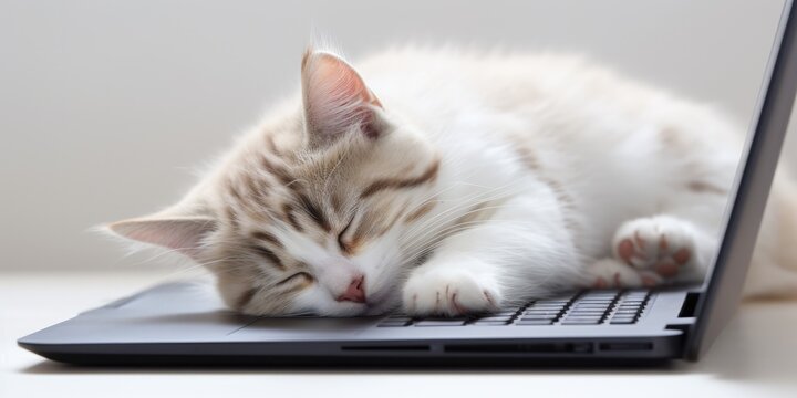 One cat sleeps on the silver labtop, lonely, bored and tired, generative ai