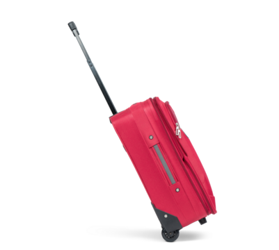 Red suitcase on wheels with the handle extended in the running position, side view, isolated on a transparent background png.