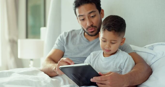 Father, boy and child with tablet in bedroom for online games, reading ebook story and educational media. Man, dad and happy kid streaming cartoon, movies and digital technology in morning at home