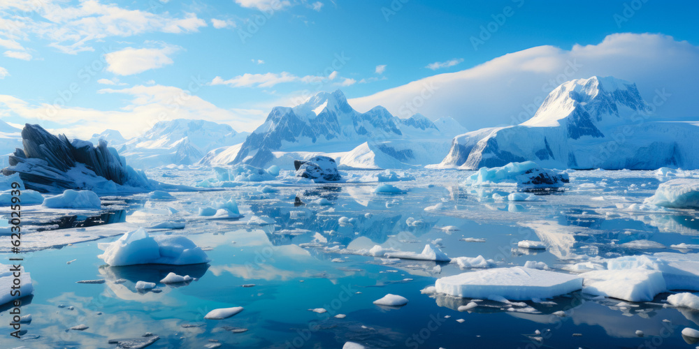 Canvas Prints ice icebergs and snow covered rocks against the sea created with the help of artificial intelligence