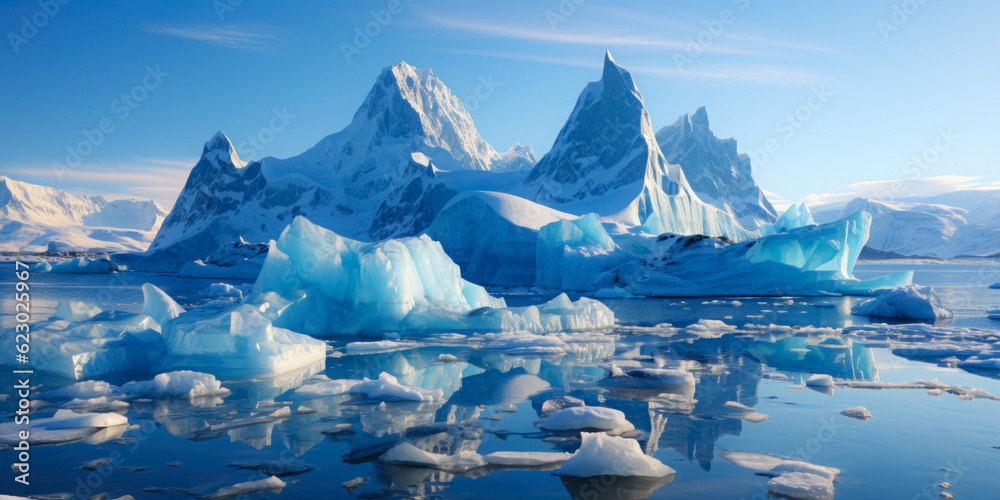 Wall mural ice icebergs and snow covered rocks against the sea created with the help of artificial intelligence