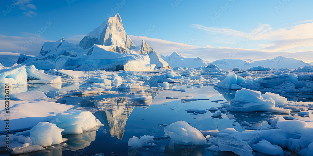Canvas Prints ice icebergs and snow covered rocks against the sea created with the help of artificial intelligence