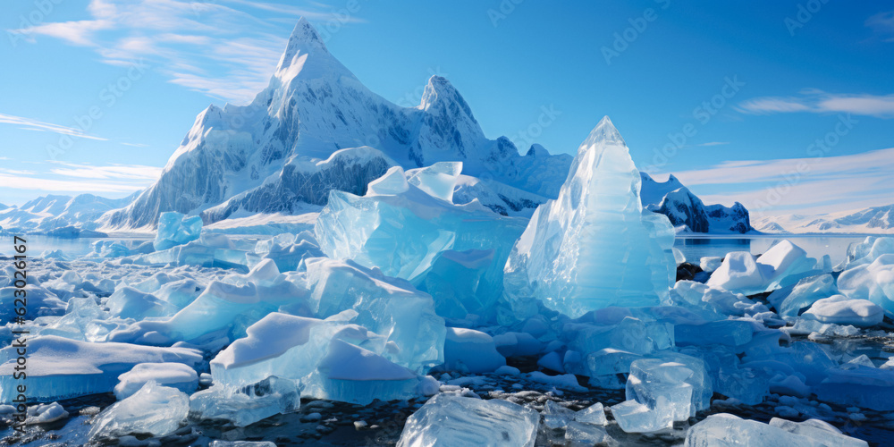 Canvas Prints ice icebergs and snow covered rocks against the sea created with the help of artificial intelligence