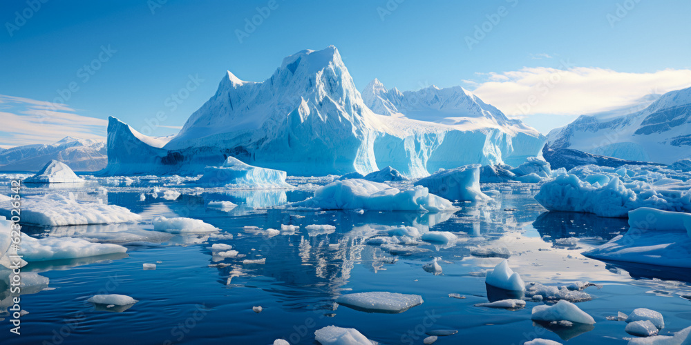 Wall mural ice icebergs and snow covered rocks against the sea created with the help of artificial intelligence