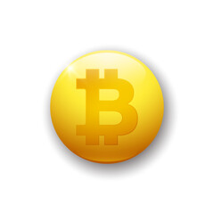 Realistic glossy button with bitcoin icon. 3d vector element of yellow color with shadow underneath. Best for mobile apps, UI and web design.