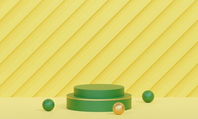 3D rendering yellow product background stand or podium product background on advertising display with golden ball and golden rings and gift parcel attributes. 3D rendering.