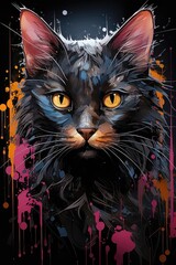 Graffiti Cat: Highly Detailed Illustration in Grunge Aesthetic with Tartan Background. Generative AI 2