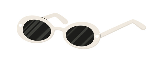 Iconic style sunglasses with a white egg-shaped oval frame and dark lenses. Modern accessory for summer. Eye protection from ultraviolet radiation. Vector illustration isolated on white background.
