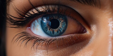 Fototapeta premium Open female blue eye with makeup with black lashes, generative ai