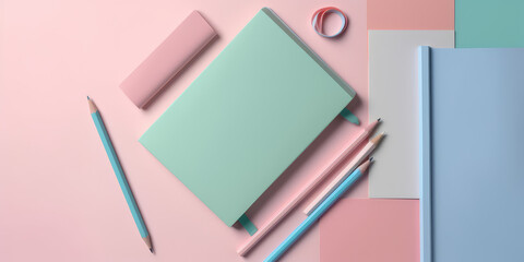 Above view of a flat desk surface with a daily planner, pen and writing utensils. Pastel colors, copy space for text. Generative AI photo.