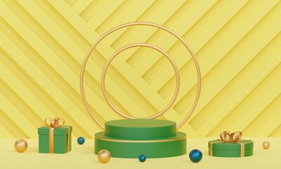 3D rendering yellow product background stand or podium product background on advertising display with golden ball and golden rings and gift parcel attributes. 3D rendering.