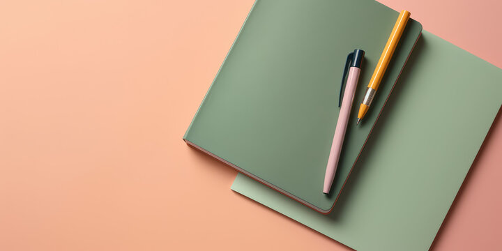 Overhead view of a flat desk surface with a daily planner, pen and writing utensils. Pastel colors, copy space for text. Generative AI photo.