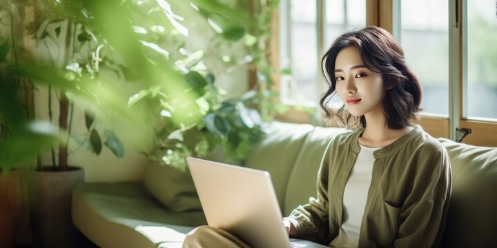 Asia woman relaxing on comfortable couch, using laptop at home, happy girl chatting with friends in social network, spending lazy weekend, watching movie, shopping online, writing email, generative ai