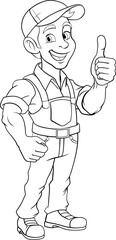 A painter, handyman, mechanic, plumber or other construction cartoon mascot man in overall dungarees. Giving a thumbs up.