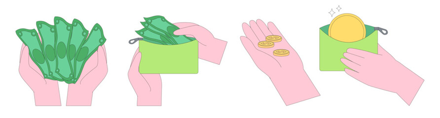 Hands gesture vector illustration set or collection. Money, bundle of banknotes, cash, exchange, pay, count, give currency and other financial activity. Financial operations concept. Finance icons.