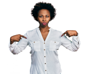 African american woman with afro hair pointing with fingers to herself skeptic and nervous, frowning upset because of problem. negative person.