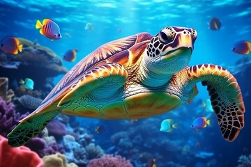 Obraz na płótnie Canvas A Turtle with a Group of Colorful Fish and Sea Animals. Generative AI