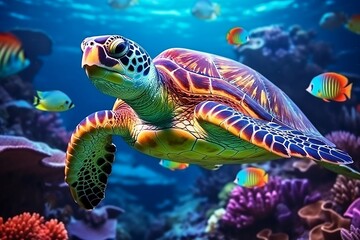 Fototapeta na wymiar A Turtle with a Group of Colorful Fish and Sea Animals. Generative AI