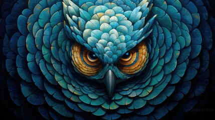 Obraz premium Artistic carved stone pebble mosaic art of an owl bird with captivating eyes, stacked and arranged in concentric circle patterns with detailed ornate textured complexity - generative AI
