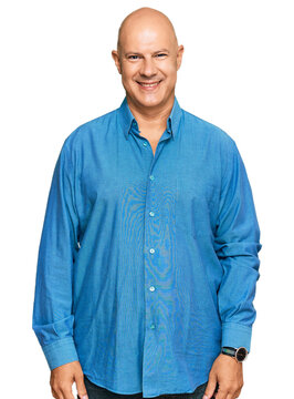 Middle age bald man wearing casual clothes with a happy and cool smile on face. lucky person.