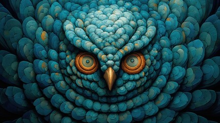 Fototapeta premium Radical and bizarre depiction of an owl with intense piercing gaze, captivating artistic surrealism, pop art colors of faded blue and green with round circle patterns - generative AI