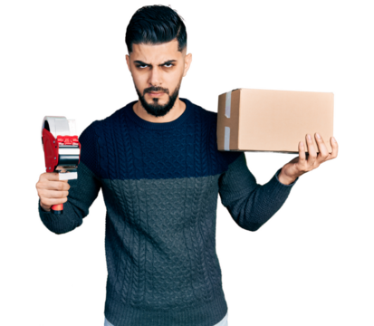 Young arab man with beard holding packing tape and cardboard box skeptic and nervous, frowning upset because of problem. negative person.